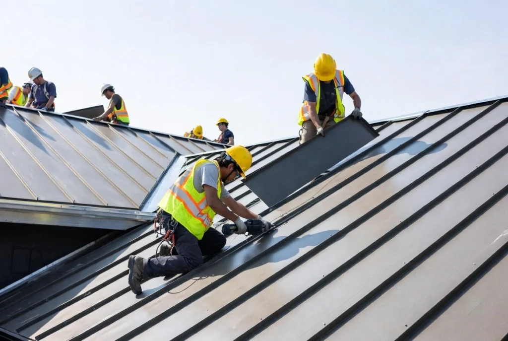 Expert Labor doing work on standing seam metal roof