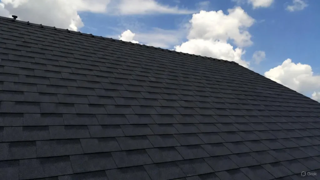 Professional installation of black rubber roofing membrane on a residential low-slope section, showing flashing around the chimney and vents.