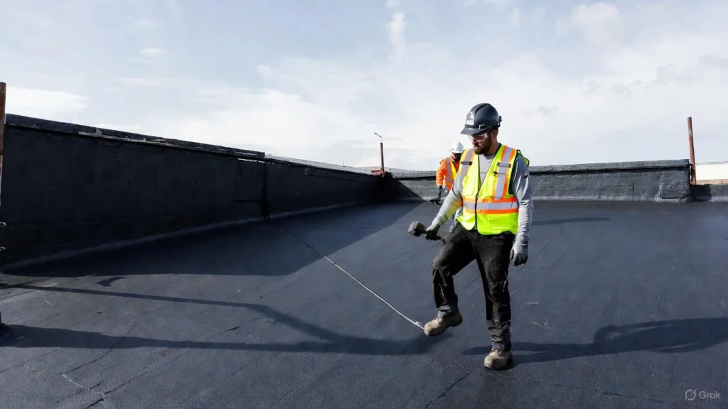 Aerial view of a residential building featuring a professionally installed Black Rubber Roofing membrane (likely EPDM) on the low-slope roof section.