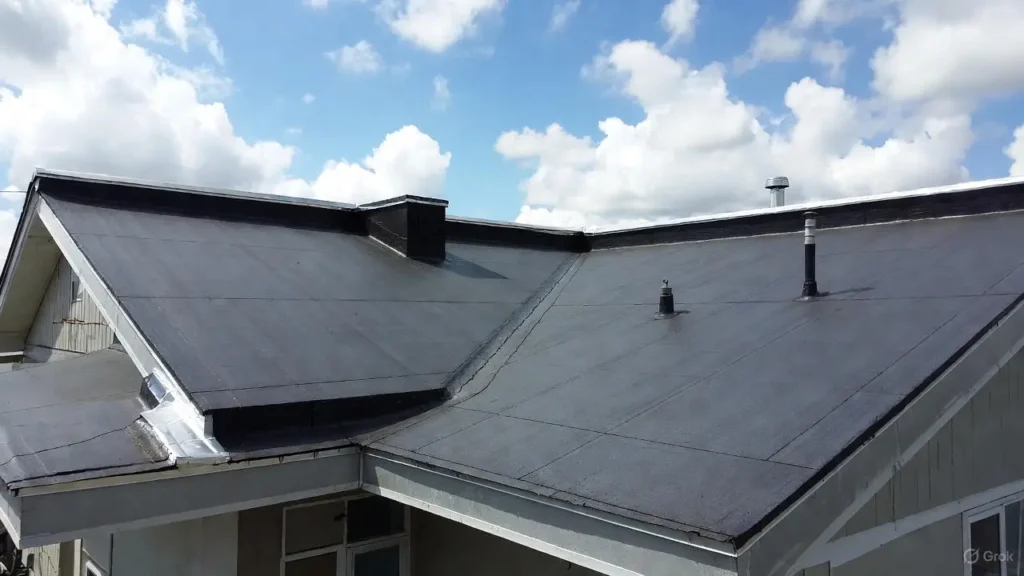 EPDM rubber roofing installed on a residential house with a low-slope pitch and flashing detail under a blue, cloudy sky.