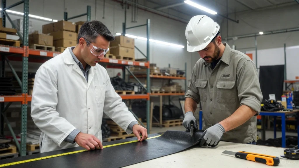 Two workers using a tape measure and utility knife for accurate measuring and cutting your rubber membrane material in a controlled workshop environment before installation.
