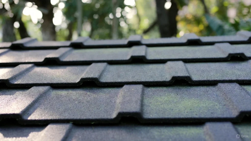 Close-up of a residential roof featuring high-quality, dark gray rubber roofing tiles that offer the dimensional aesthetic of traditional shingles with superior durability.