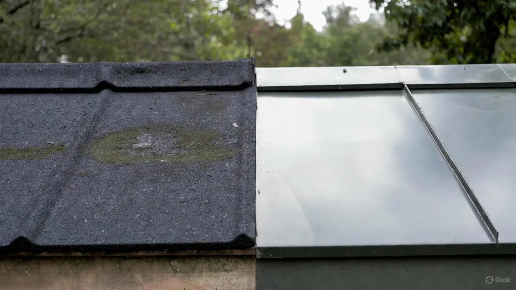Steep-slope residential roof featuring rubber roofing shingles (synthetic tiles) used as an illustration when comparing the material to durable metal roofing.