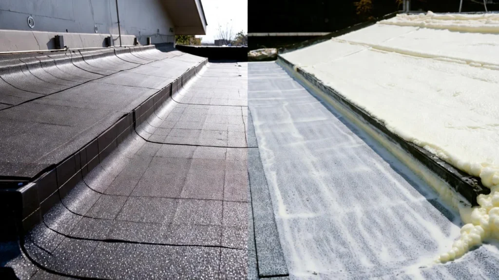 A black rubber roofing membrane (EPDM/TPO) installation on a flat roof, used to compare the installation and structure against Spray Foam roofing systems.