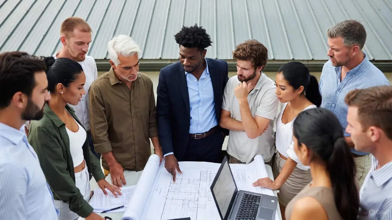 A group of architects and contractors reviewing blueprints and a laptop to use a standing seam metal roof cost calculator for a new residential project.