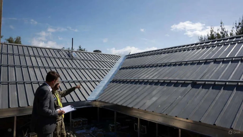 A roofing professional and a homeowner on a rooftop, discussing the standing seam metal roof cost per square foot during an inspection.