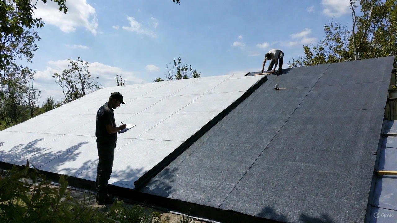 Professional roofing workers examining the contrast between white and black rubber roofing membranes, illustrating the comparison of White vs Black Rubber Roofing for commercial applications.