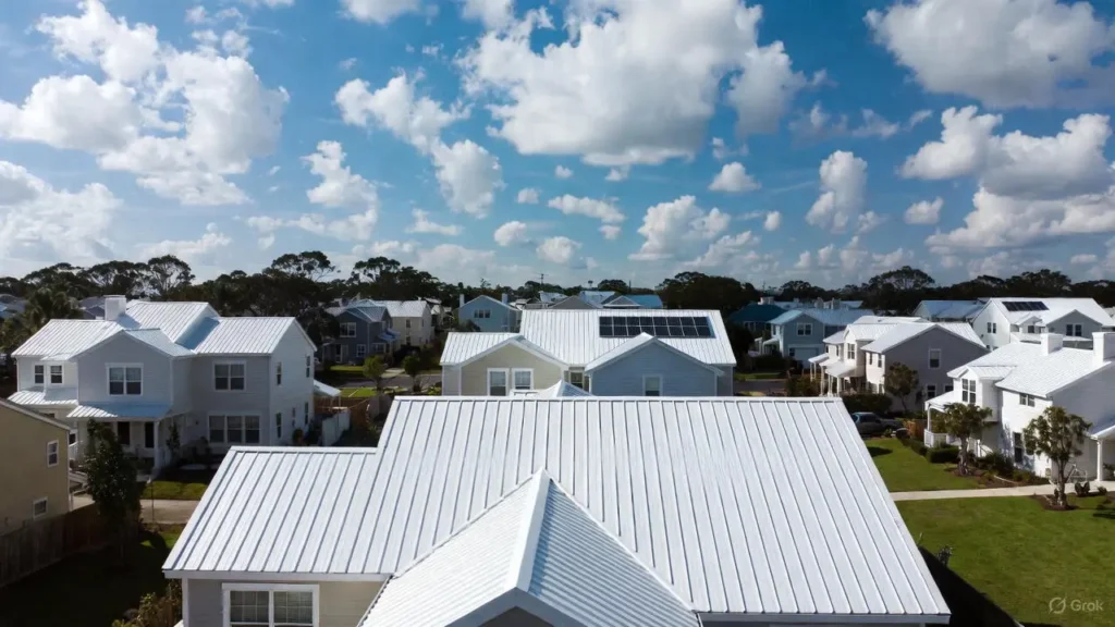 An aerial perspective of a residential neighborhood featuring homes with a reflective white standing seam metal roof, illustrating clean vertical lines and solar panel integration.