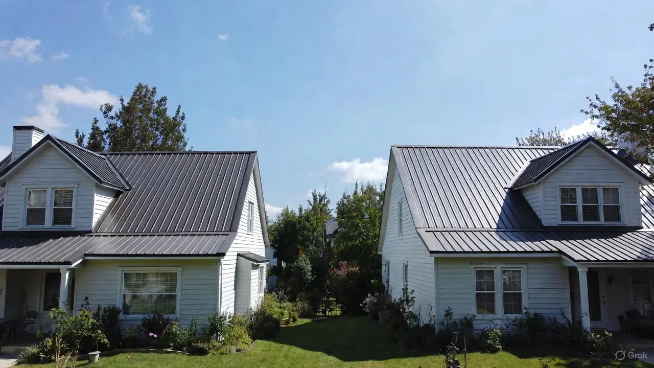 Two classic white wooden-sided houses featuring a dark charcoal standing seam aluminum roof with clean vertical ribs and concealed fasteners