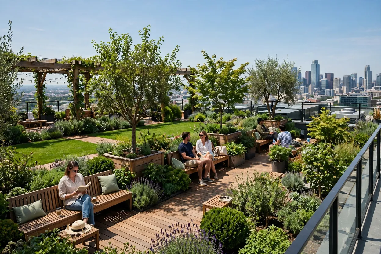Rooftop garden benefits of a green roof on a city building