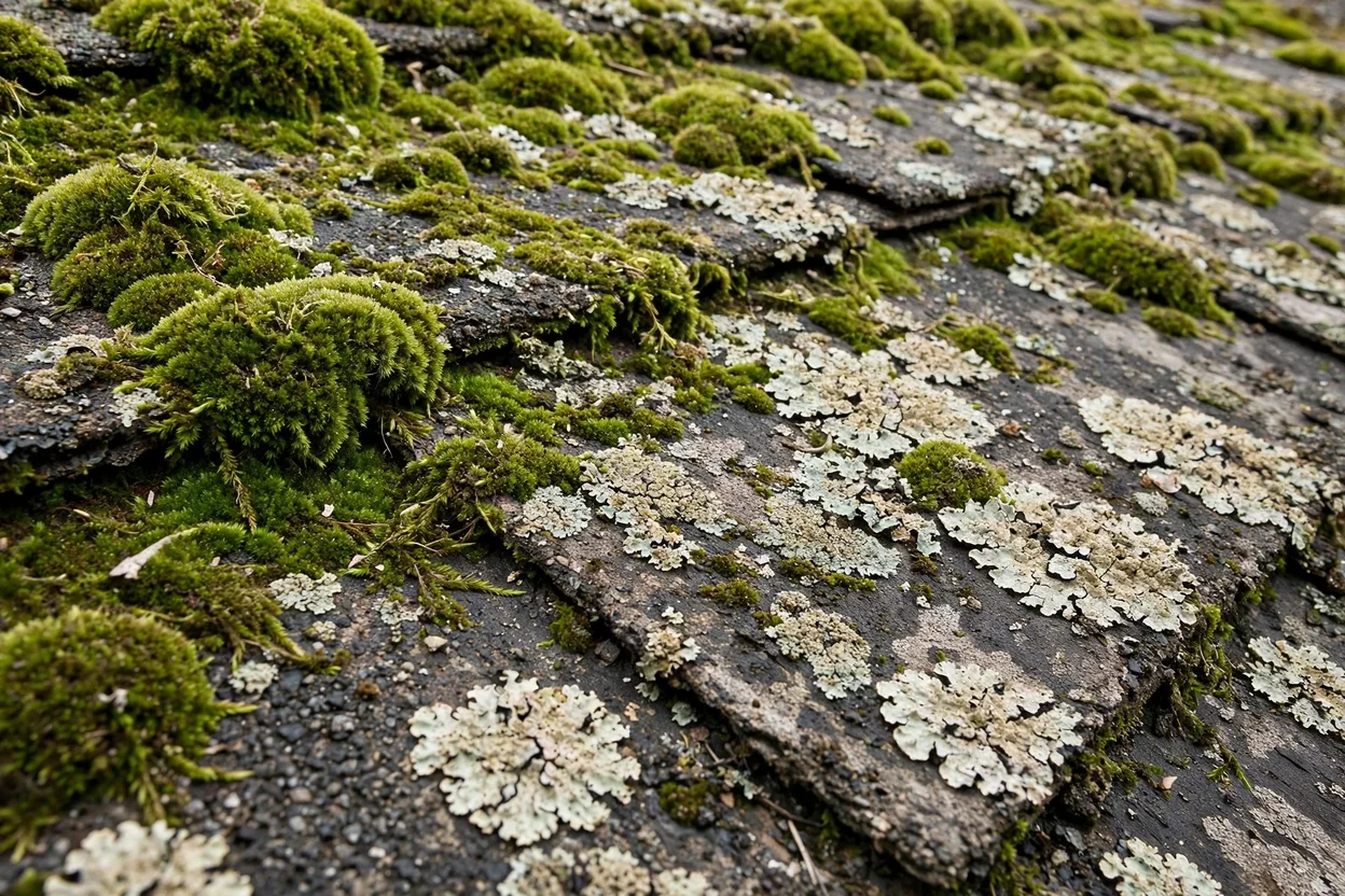 Moss and lichen growth on roof shingles