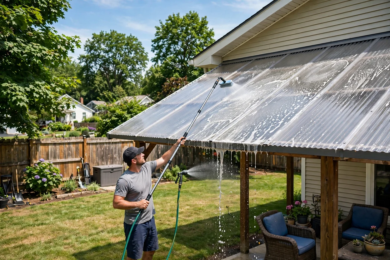 Cleaning clear roof panels with a soft brush and garden hose