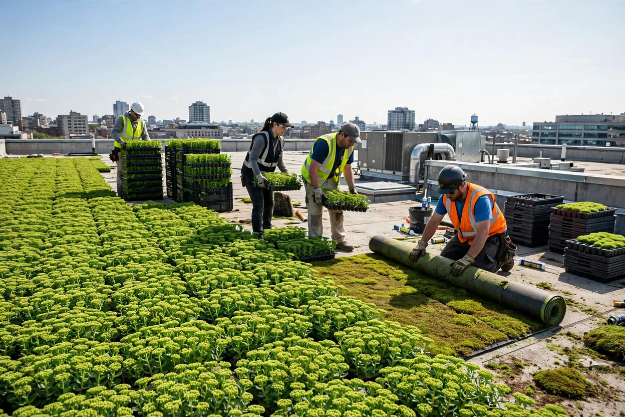 Workers installing sedum trays during a green roof installation
