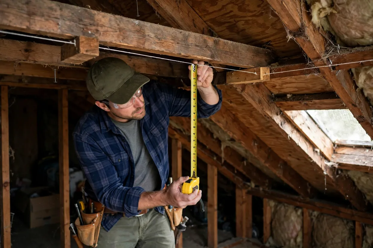 Measuring roof sag with a string line and tape measure