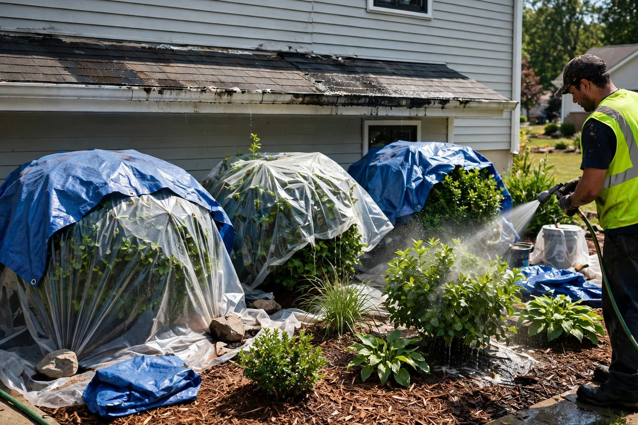 Protecting plants and shrubs during roof washing