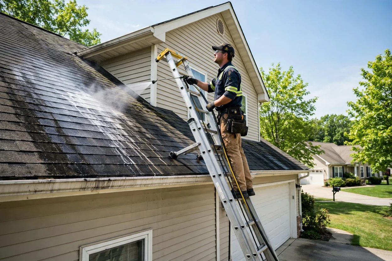 Technician applying soft wash solution to a roof from a ladder