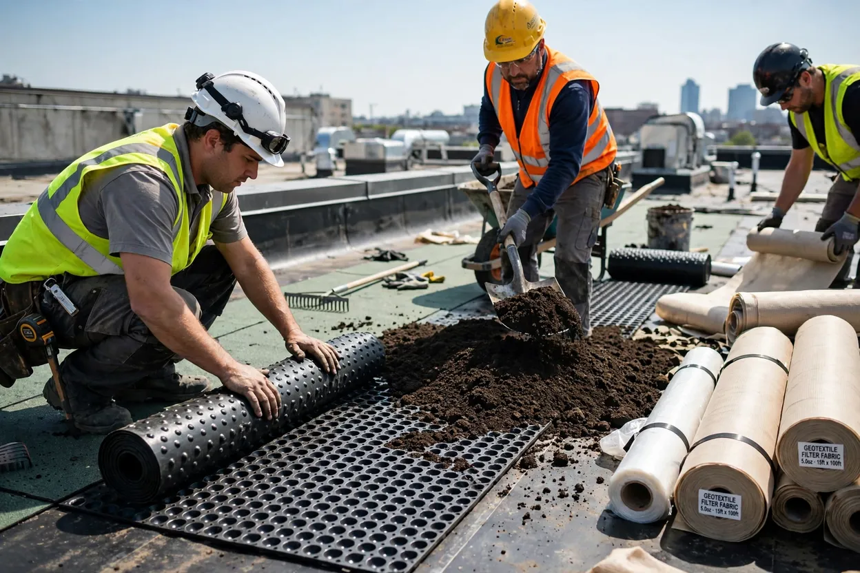Installing the layers of a green roof system