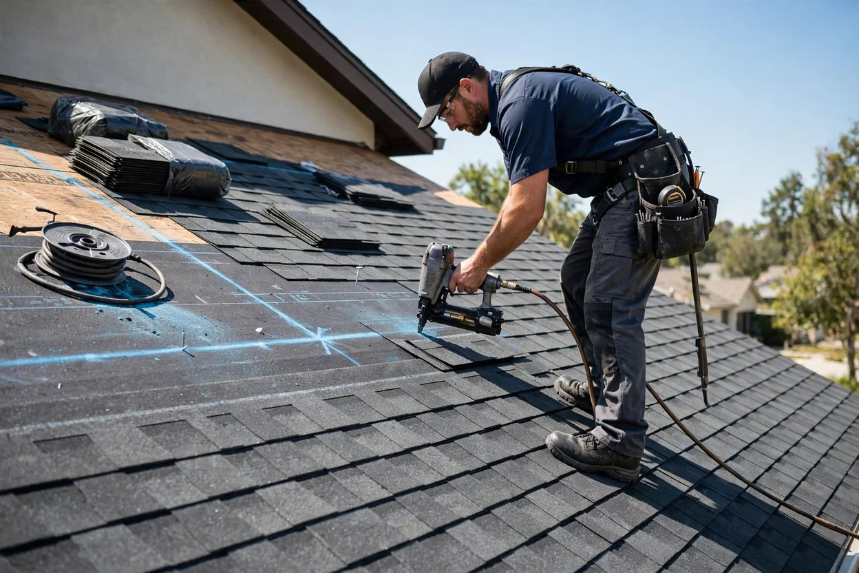 Professional roofer installing asphalt shingles