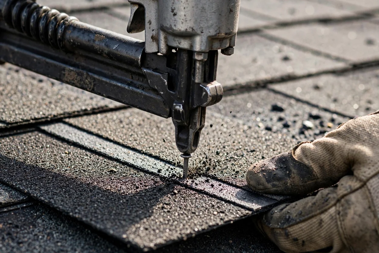 Roofer nailing shingles in the nailing zone