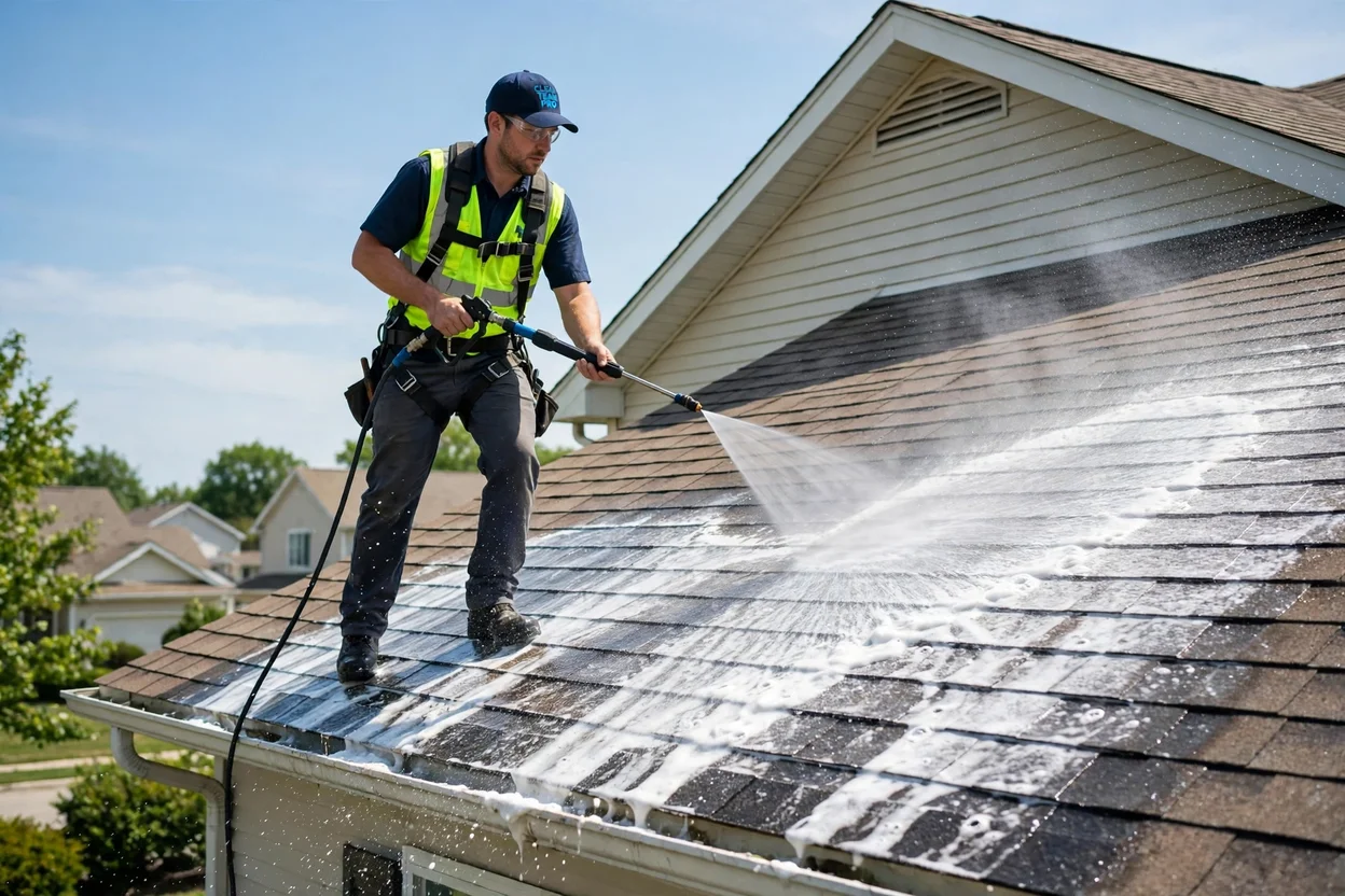 Soft wash vs pressure wash cleaning compared on a roof