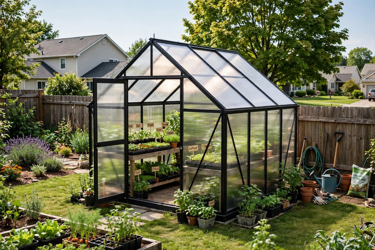 Twinwall polycarbonate clear roof panels on a greenhouse