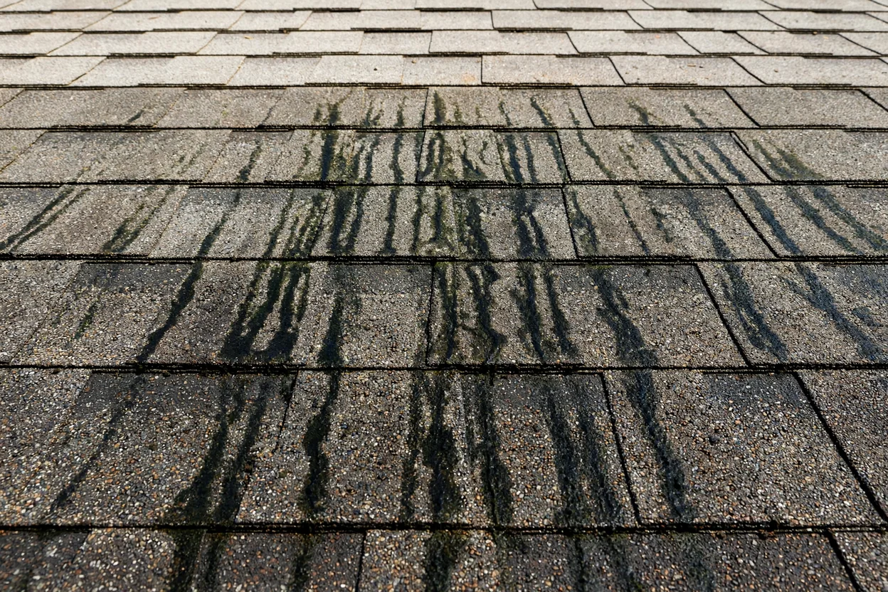 Black algae streaks on asphalt roof shingles
